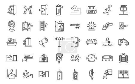 Illustration for Human evacuation icons set outline vector. Emergency exit. Escape door - Royalty Free Image