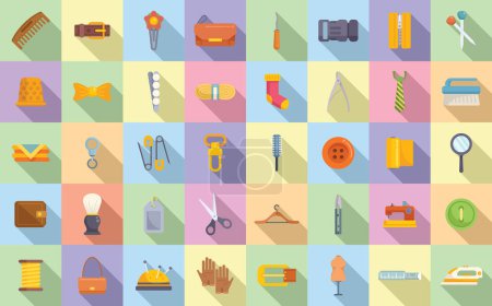 Illustration for Haberdashery icons set flat vector. Textile roll. Fabric sewing - Royalty Free Image