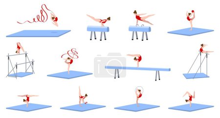 Illustration for Gymnastics equipment icons set cartoon vector. Gym practice. Training equipment - Royalty Free Image