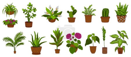 Téléchargez les illustrations : Icônes de plantes d'intérieur mis vecteur de dessin animé. Pot de fleurs. Soins de bureau - en licence libre de droit