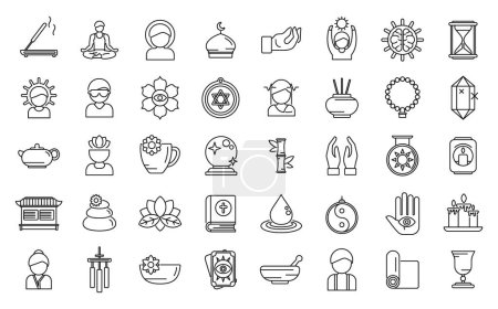 Illustration for Spiritual practices icons set outline vector. Calm retreat. Aroma stress - Royalty Free Image