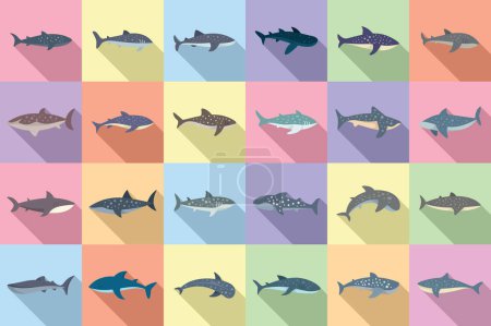 Ilustración de Los iconos de tiburón ballena establecen un vector plano. Animal de pescado. Mamífero exótico - Imagen libre de derechos