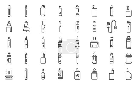 Ilustración de E-cigarrillo accesorios iconos conjunto contorno vector. Vapor líquido. Bobina de humo - Imagen libre de derechos