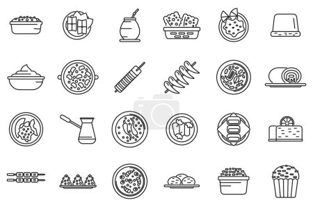 Téléchargez les illustrations : Icônes culinaires brésiliennes définir vecteur contour. Assiette de riz. Viande frite - en licence libre de droit