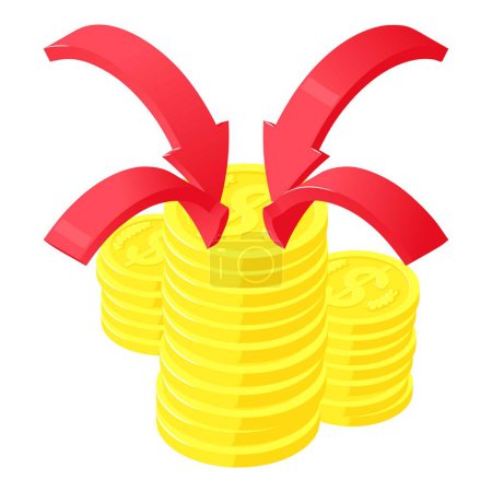 Ilustración de Icono de ganancia de inversión vector isométrico. Cuatro flecha dirigida a la pila de monedas de oro. Finanzas, beneficios, ingresos - Imagen libre de derechos