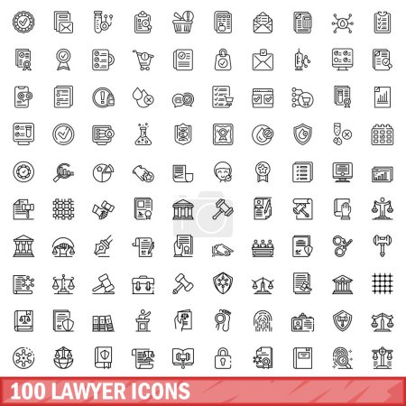 Téléchargez les illustrations : Ensemble de 100 icônes d'avocat. Illustration schématique d'un ensemble vectoriel de 100 icônes d'avocats isolées sur fond blanc - en licence libre de droit
