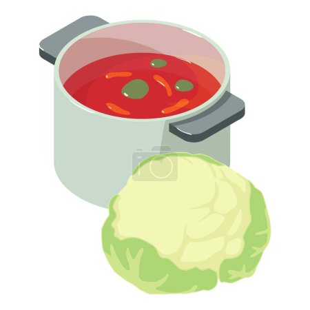 Ilustración de Primer icono de plato vector isométrico. Sopa roja vegetal e icono de la cabeza de coliflor. Concepto alimentario, nutrición saludable - Imagen libre de derechos