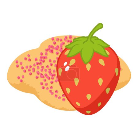 Téléchargez les illustrations : Icône dessert fraise vecteur isométrique. Saupoudrer de biscuit rose près de la fraise. Dessert, concept alimentaire - en licence libre de droit