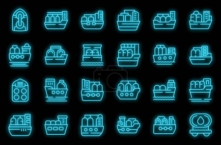 Illustration for Gas carrier ship icons set outline vector. Gas energy. Pipe fuel neon color on black - Royalty Free Image