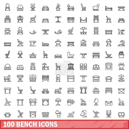 Téléchargez les illustrations : Ensemble de 100 icônes de banc. Illustration du jeu vectoriel de 100 icônes de banc isolé sur fond blanc - en licence libre de droit