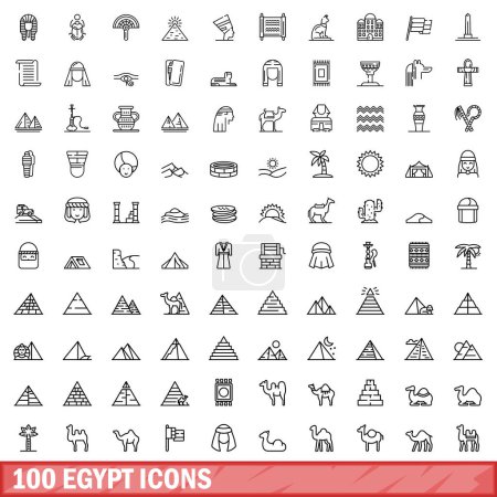 Téléchargez les illustrations : Ensemble de 100 icônes égyptiennes. Illustration de l'ensemble vectoriel de 100 icônes égyptiennes isolées sur fond blanc - en licence libre de droit
