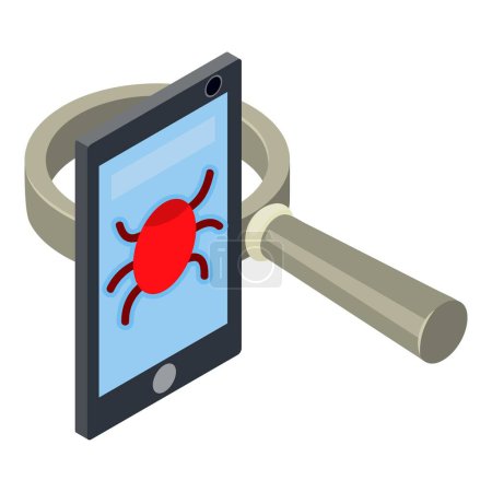 Infected smartphone icon isometric vector. Smartphone with red bug and big loupe. Malware, mobile fraud, online scam