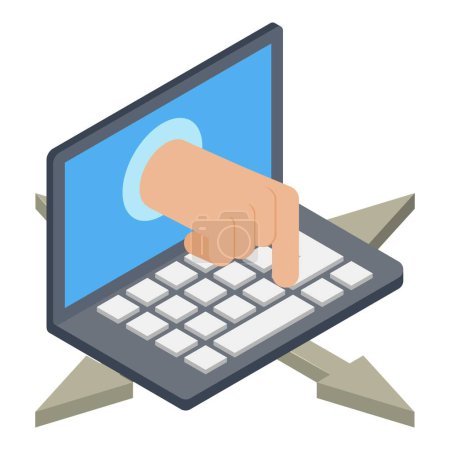 Icon isometrischer Vektor für Internetbetrug. Hand vom Bildschirm drückt Taste und Pfeil. Online-Betrug, Internet-Sicherheit