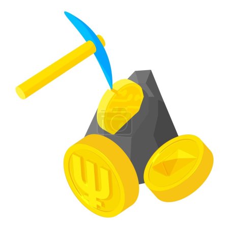Illustration for Cryptocurrency mining icon isometric vector. Pickaxe mines coin in mountain icon. Digital money, financial technology - Royalty Free Image