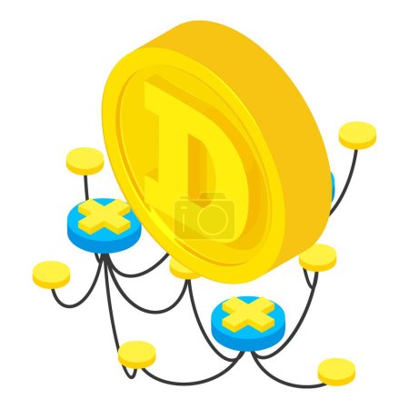 Decentralization icon isometric vector. Decentralized symbol and gold dogecoin. Digital money, cryptocurrency concept