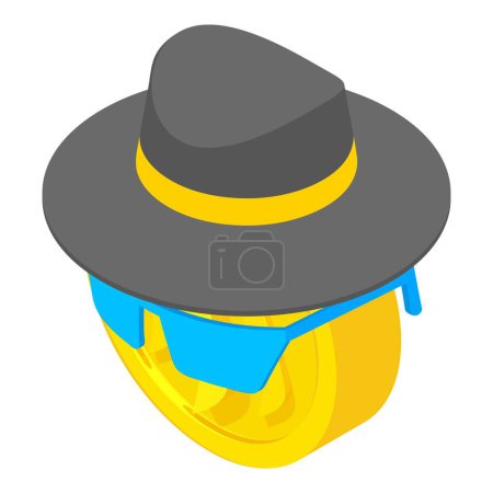 Anonymat concept icône isométrique vecteur. Chapeau d'homme, lunettes de soleil sur crypto pièce d'or. Monnaie numérique, concept de crypto-monnaie