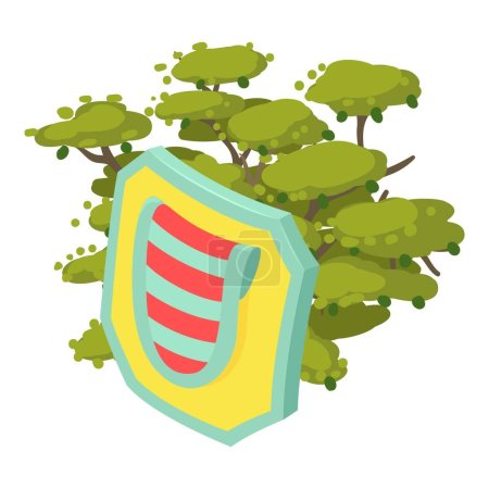Icono de escudo multicolor vector isométrico. Brillante escudo sobre un gran fondo de árbol. Concepto de protección, período histórico