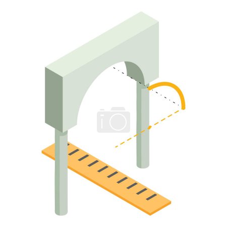Gebäude-Icon isometrischer Vektor. Bogenprojekt und großes hölzernes Lineal-Symbol. Planung, Engineering, Rekonstruktion