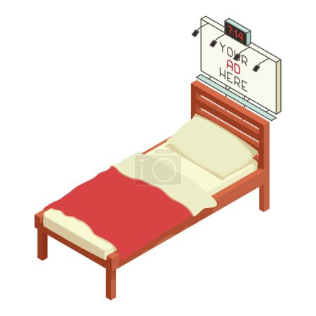 Illustration for Bedroom interior icon isometric vector. Bed with linen and big poster on wall. Interior element, room design - Royalty Free Image