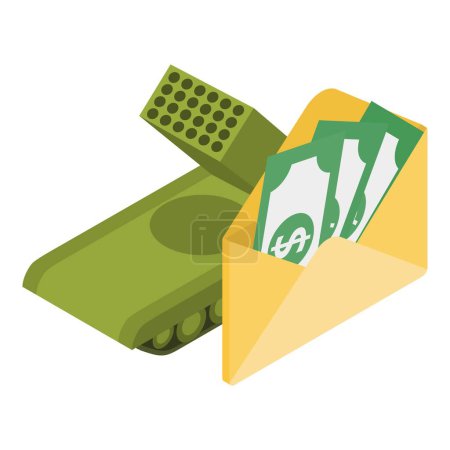 Illustration for War technology icon isometric vector. Multiple launch rocket system and money. Air defense system, military equipment - Royalty Free Image