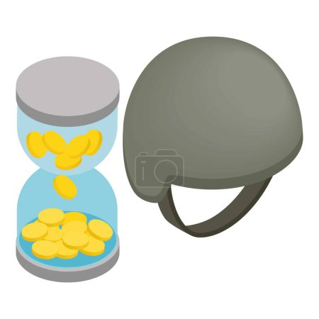 Ilustración de Icono militar uniforme vector isométrico. Casco militar y reloj de arena con moneda. Concepto militar, uniforme - Imagen libre de derechos