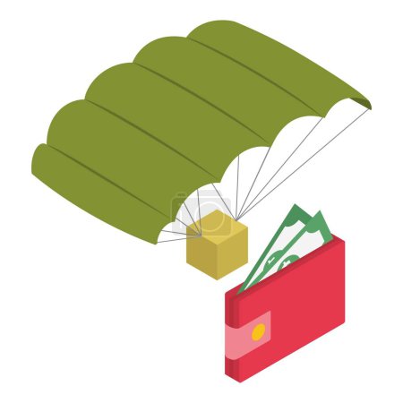 Icono de tecnología militar vector isométrico. Paracaídas con caja de paquetes y billetera. Concepto militar, entrega