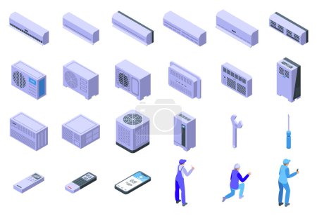 Illustration for Air conditioner installer icons set isometric vector. Service house. Heat office - Royalty Free Image