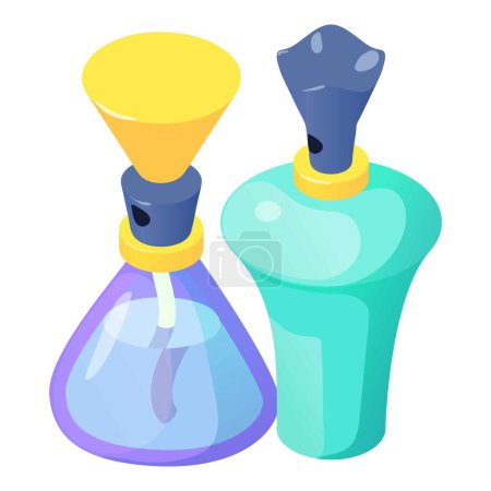 Illustration for Perfume bottle icon isometric vector. Colorful glassy two various perfume bottle. Perfumery, cosmetic - Royalty Free Image