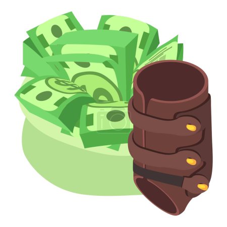 Illustration for Equestrian ammunition icon isometric vector. Leather protection boot, money bag. Horseback riding, equestrian sport - Royalty Free Image