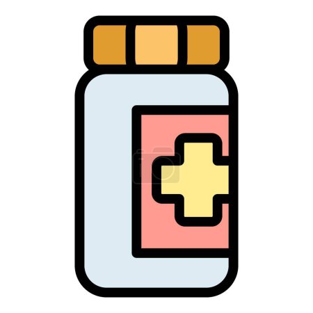Téléchargez les illustrations : Bocal pilules en plastique icône contour vecteur. Une pilule. Pharmacie prescription couleur plat - en licence libre de droit
