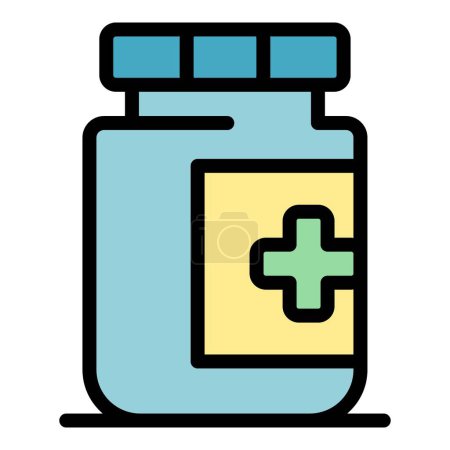 Téléchargez les illustrations : Pilule icône pot contour vecteur. Une bouteille de pharmacie. Médicament de santé couleur plat - en licence libre de droit