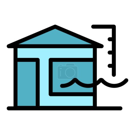 Téléchargez les illustrations : Icône d'inondation maison contour vecteur. Niveau de la mer. Changement climatique couleur plat - en licence libre de droit