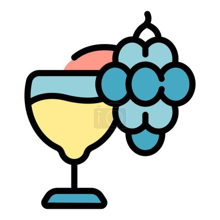 Téléchargez les illustrations : Vin icône en verre de raisin contour vecteur. Goûtez à l'alcool. Sommelier fête couleur plat - en licence libre de droit