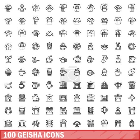 Téléchargez les illustrations : Ensemble de 100 icônes de geisha. Illustration du jeu vectoriel de 100 icônes geisha isolées sur fond blanc - en licence libre de droit