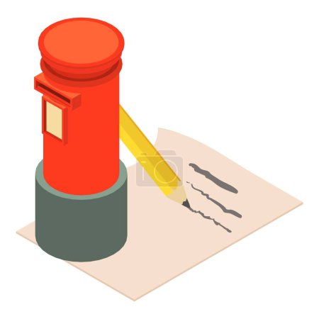 Vieil icône de courrier vecteur isométrique. Boîte aux lettres vintage britannique typique près de la feuille de papier. Boîte aux lettres rétro, correspondance papier