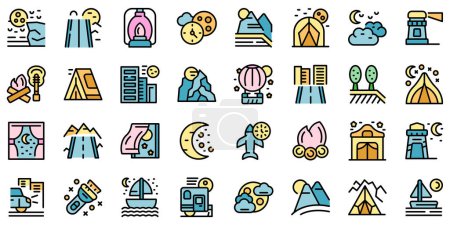 Illustration for Nighttime adventures icons set outline vector. Night vibes. Dark lights thin line color flat on white - Royalty Free Image