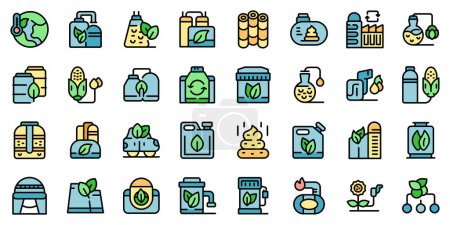 Illustration for Biogas icons set outline vector. Energy biofuel. Corn plant thin line color flat on white - Royalty Free Image