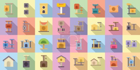 Cat house icons set flat vector. Post tower. Tray toy