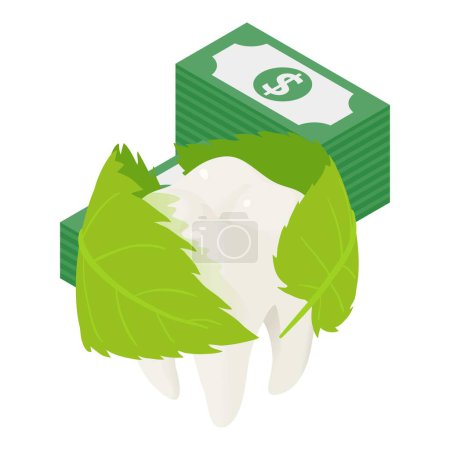 Illustration for Oral hygiene icon isometric vector. Leaf around human tooth and dollar stack. Dentistry, healthcare concept - Royalty Free Image