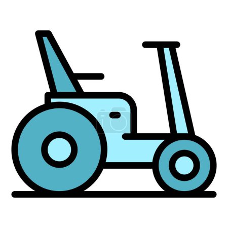 Téléchargez les illustrations : Vecteur de contour d'icône de fauteuil roulant électrique alimenté. Roue moteur. Chaise scooter couleur plat - en licence libre de droit