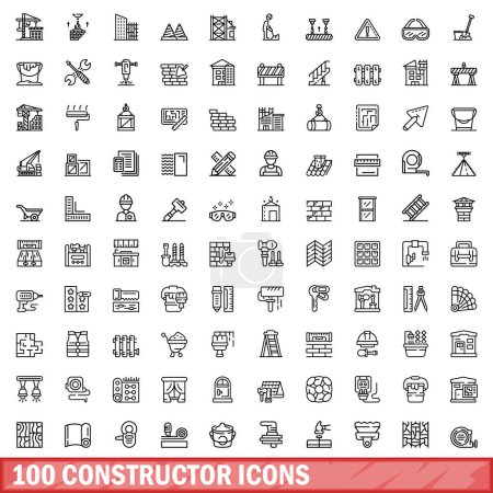 Téléchargez les illustrations : Ensemble de 100 icônes du constructeur. Illustration schématique de 100 icônes de constructeur ensemble vectoriel isolé sur fond blanc - en licence libre de droit