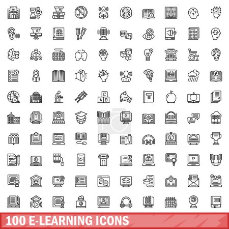 Téléchargez les illustrations : 100 e-learning icons set. Outline illustration of 100 e-learning icons vector set isolated on white background - en licence libre de droit