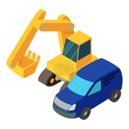 Illustration for Building site icon isometric vector. Crawler excavator near blue automobile icon. Construction concept - Royalty Free Image