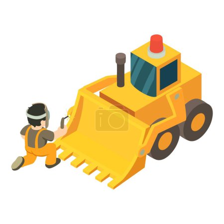 Welding work icon isometric vector. Welder perform repair work near bulldozer. Repair concept, construction machinery
