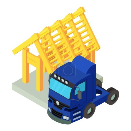 Building progress icon isometric vector. Semi trailer truck and unfinished house. Building and reconstruction work