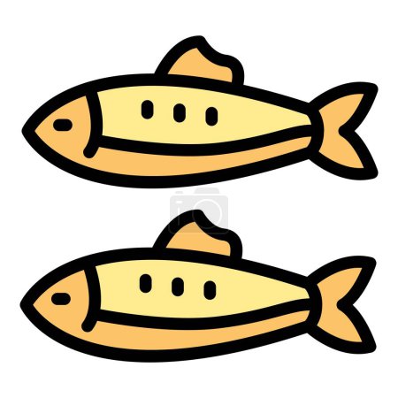 Téléchargez les illustrations : Sardine icône contour vecteur. Hareng de poisson. Huile couleur alimentaire plat - en licence libre de droit