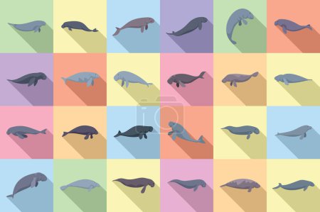 Téléchargez les illustrations : Icônes Dugong mis vecteur plat. Plongée animale. Mer Marine - en licence libre de droit