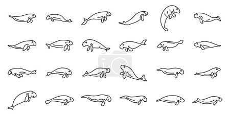 Téléchargez les illustrations : Les icônes Dugong définissent le vecteur de contour. Plongée animale. Mer Marine - en licence libre de droit