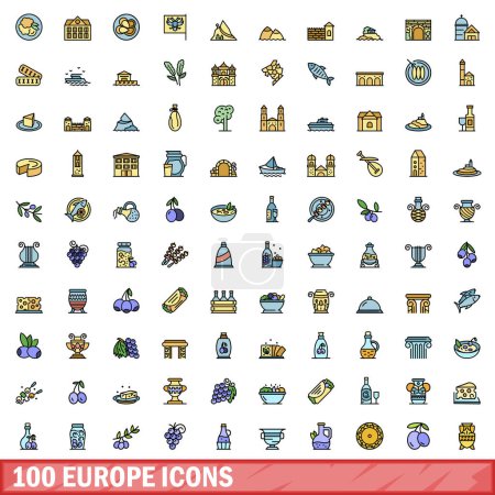 Téléchargez les illustrations : Ensemble de 100 icônes européennes. Jeu de lignes de couleurs d'icônes vectorielles europe couleur de ligne mince à plat sur blanc - en licence libre de droit