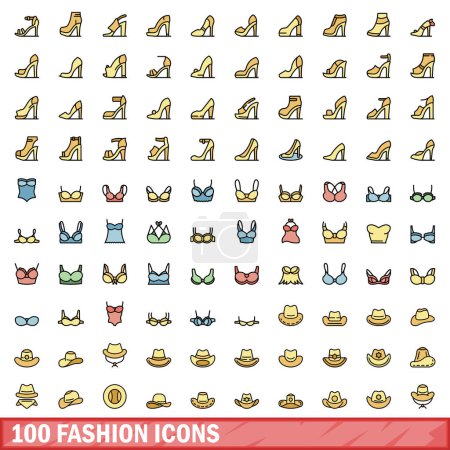 Ilustración de 100 iconos de moda. Conjunto de línea de color de iconos de vectores de moda línea delgada de color plano en blanco - Imagen libre de derechos